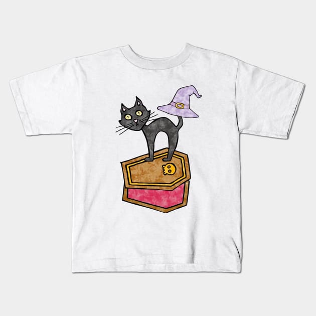 Fun Halloween Black Cat with Halloween Casket Kids T-Shirt by DimDom